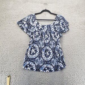 Lane Bryant Top Womens 14/16 Blue Floral Short Sleeve Ruffle Hem Lightweight